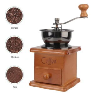 Vintage Wooden Ceramic Burr Manual Coffee Grinder with Stainless Steel Handle for Home Brewing