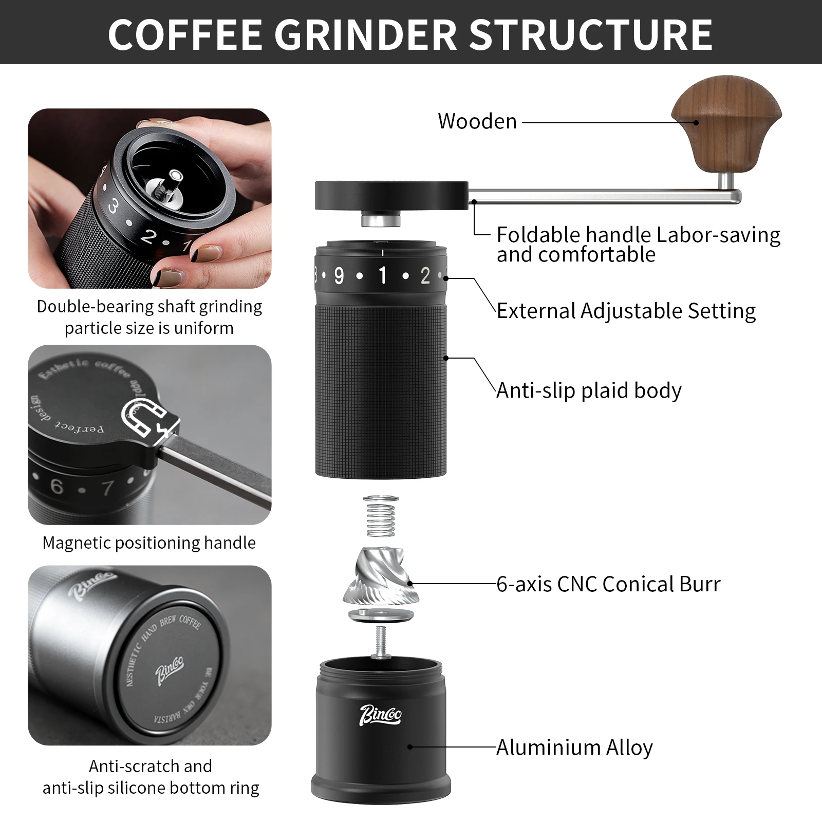 Ergonomic stainless steel manual coffee grinder with comfortable grip design