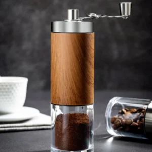 Wood Grain Stainless Steel Manual Coffee Grinder with Adjustable Burr for Home Brewing