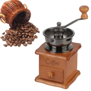 Vintage Wooden Manual Coffee Grinder with Ceramic Burrs for Pour Over & French Press