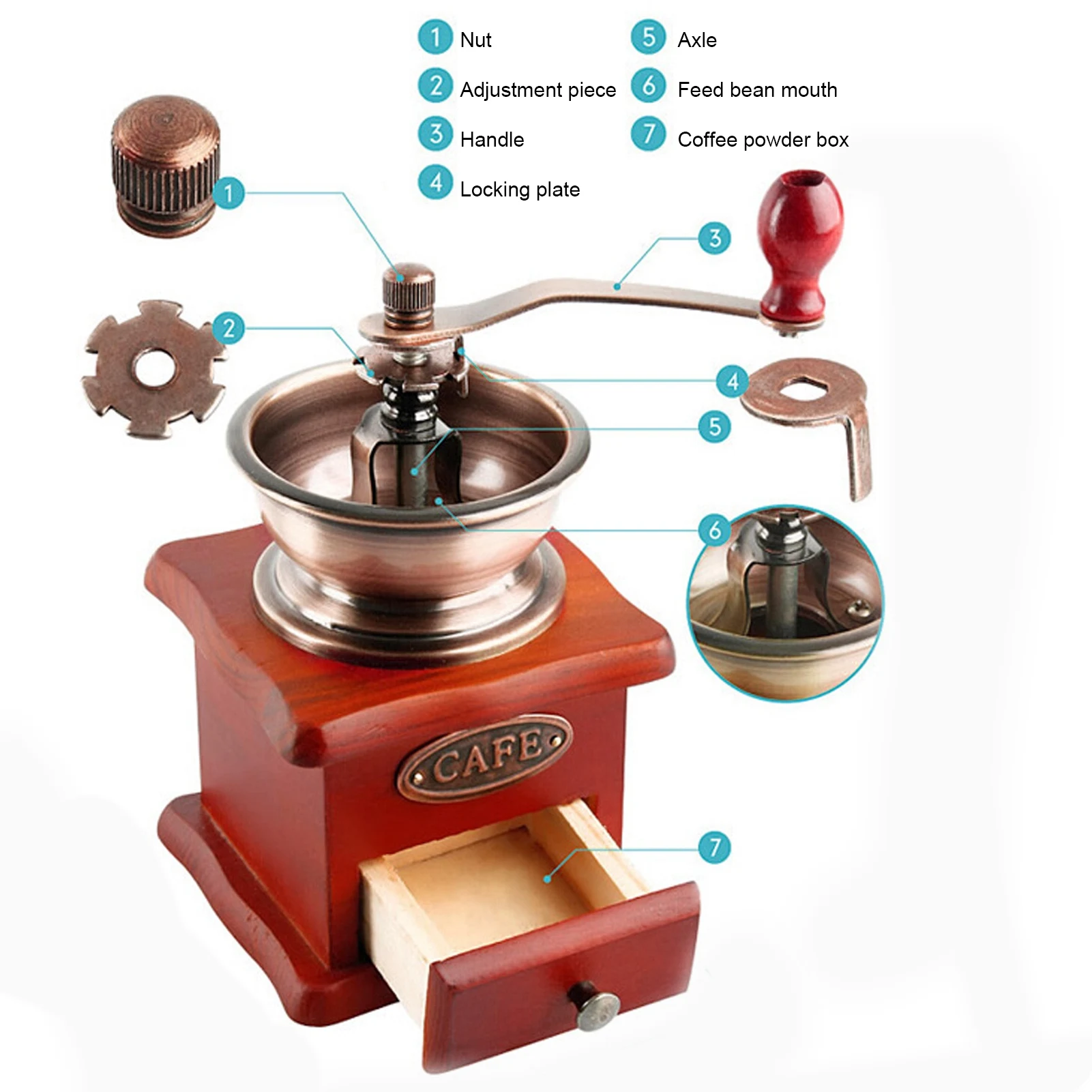 Vintage manual coffee grinder showing the traditional design with grinding mechanism exposed