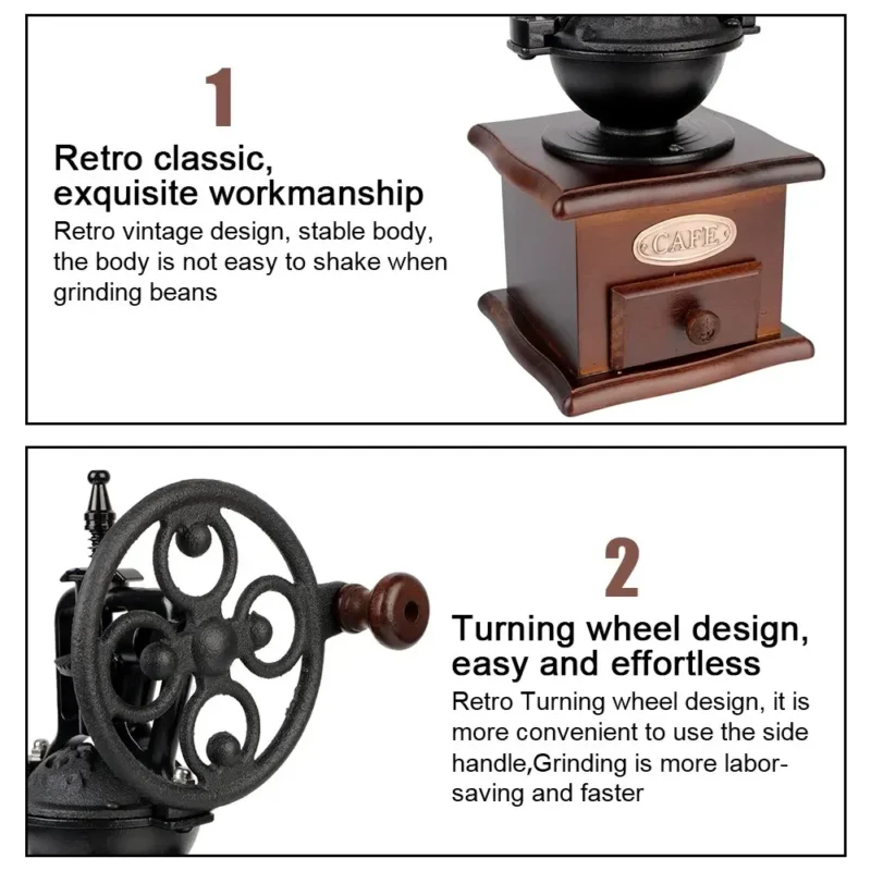 Vintage Wheel Cast Iron Manual Coffee Grinder with Adjustable Settings for Pour Over - Image 3